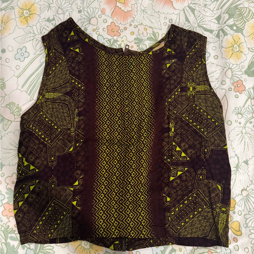 Global Desi Brown & Olive Geometric Crop Top